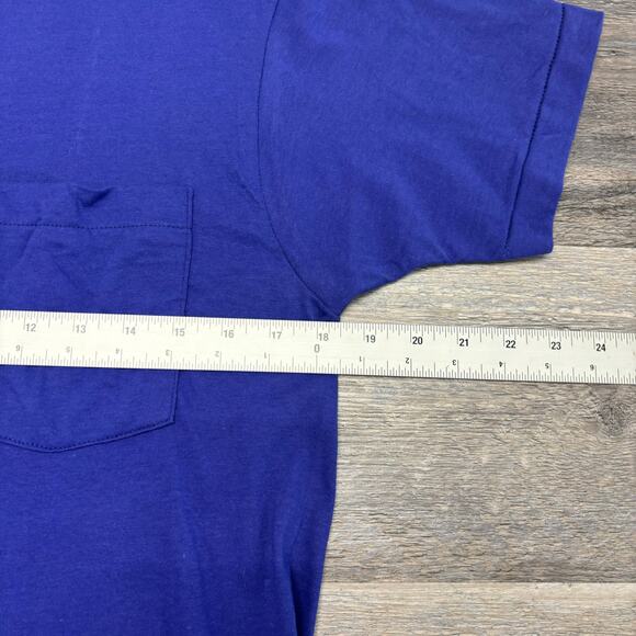 Vintage 80s Fruit Of The Loom Indigo Mens M Single Stitch Blank Plain Pocket Tee - Picture 6 of 8